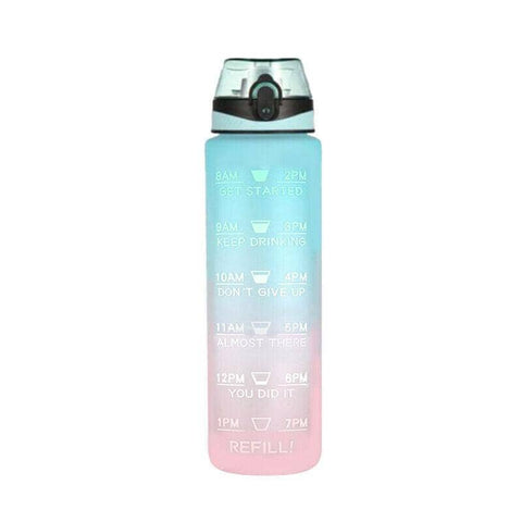 1 Litre Motivational Water Bottle with Time Markings - Light Blue and Pink