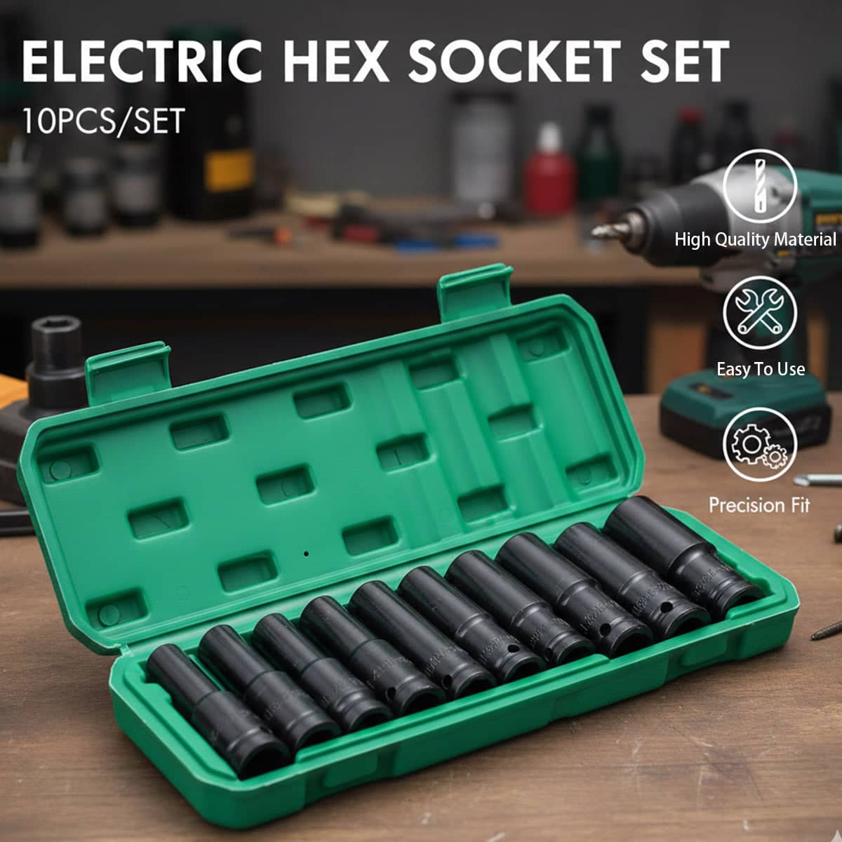 10 Piece High Torque Impact Socket Set, Half Inch Drive for Mechanics