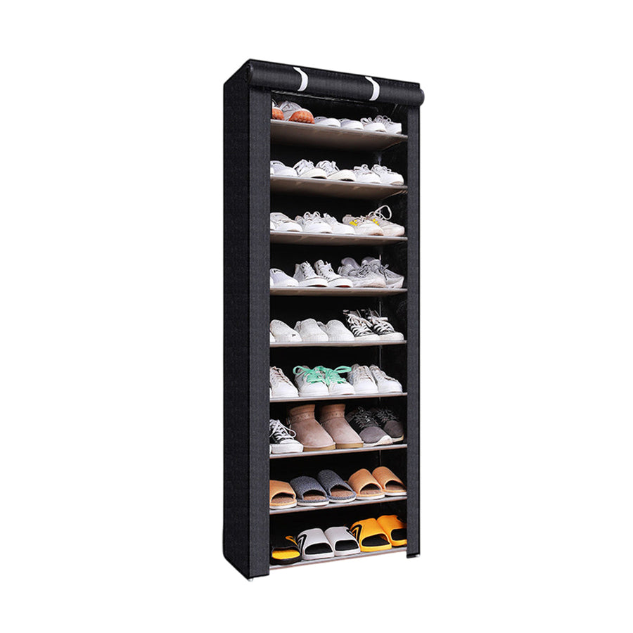 10 Tier Shoe Rack with Dust Cover, Stainless Steel Frame - Black