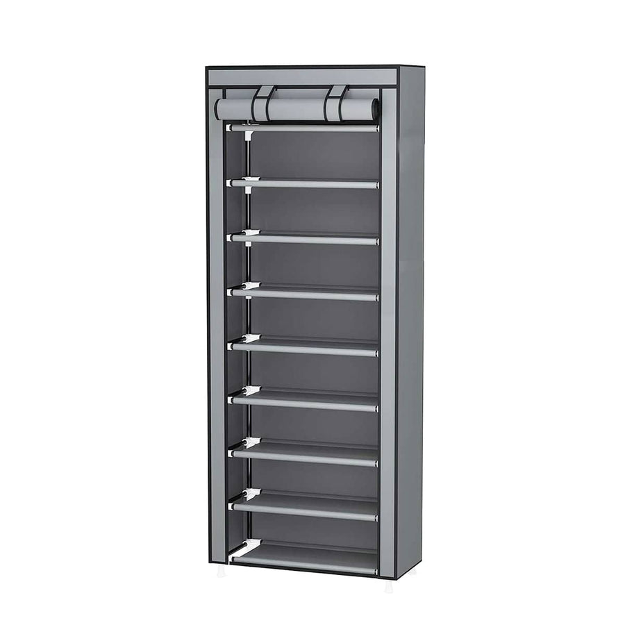 10 Tier Shoe Rack with Dust Cover, Stainless Steel Frame - Grey