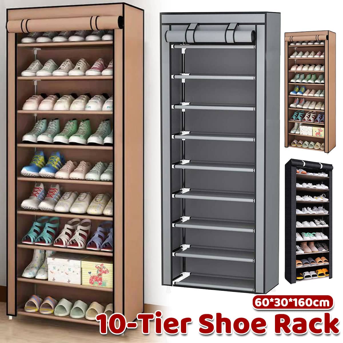 10 Tier Shoe Rack with Dust Cover, Stainless Steel Frame - Grey - view 2