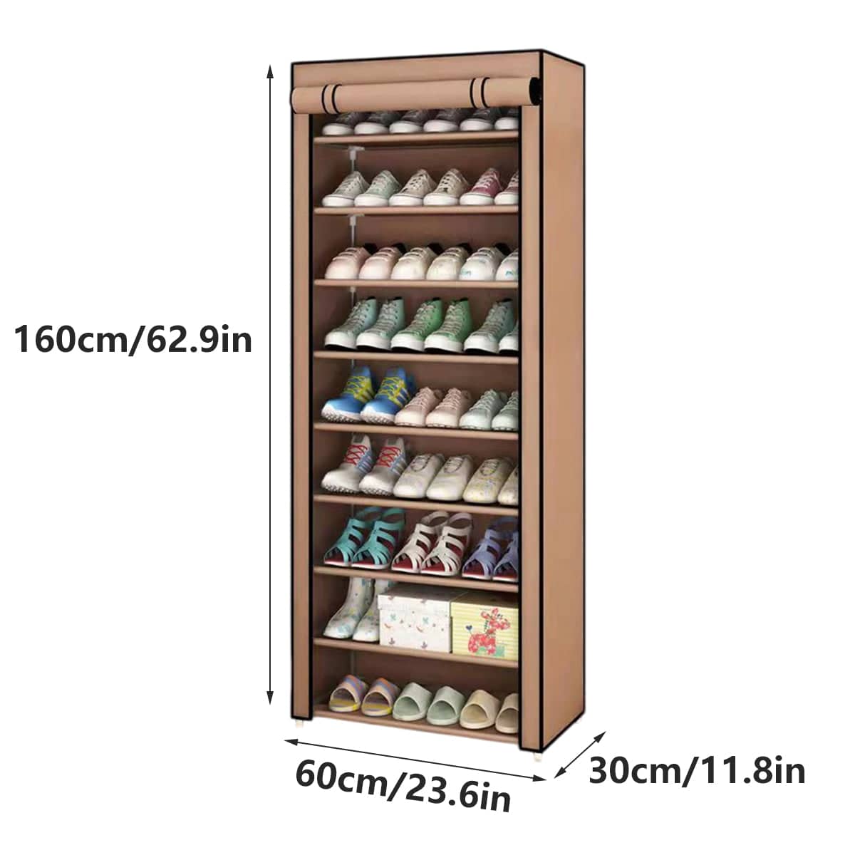 10 Tier Shoe Rack with Dust Cover, Stainless Steel Frame - Grey - view 4