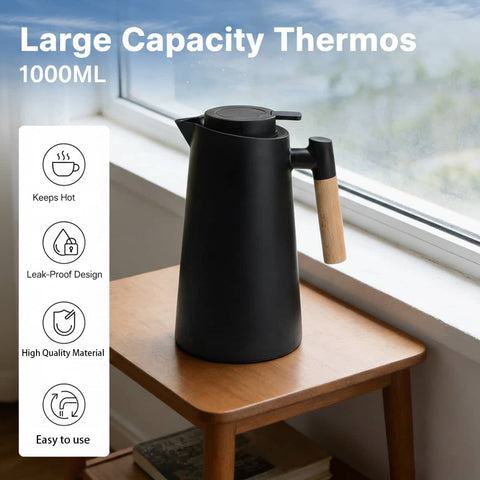 1000 ml Black Vacuum Insulated Coffee Pot Carafe with Wooden Handle