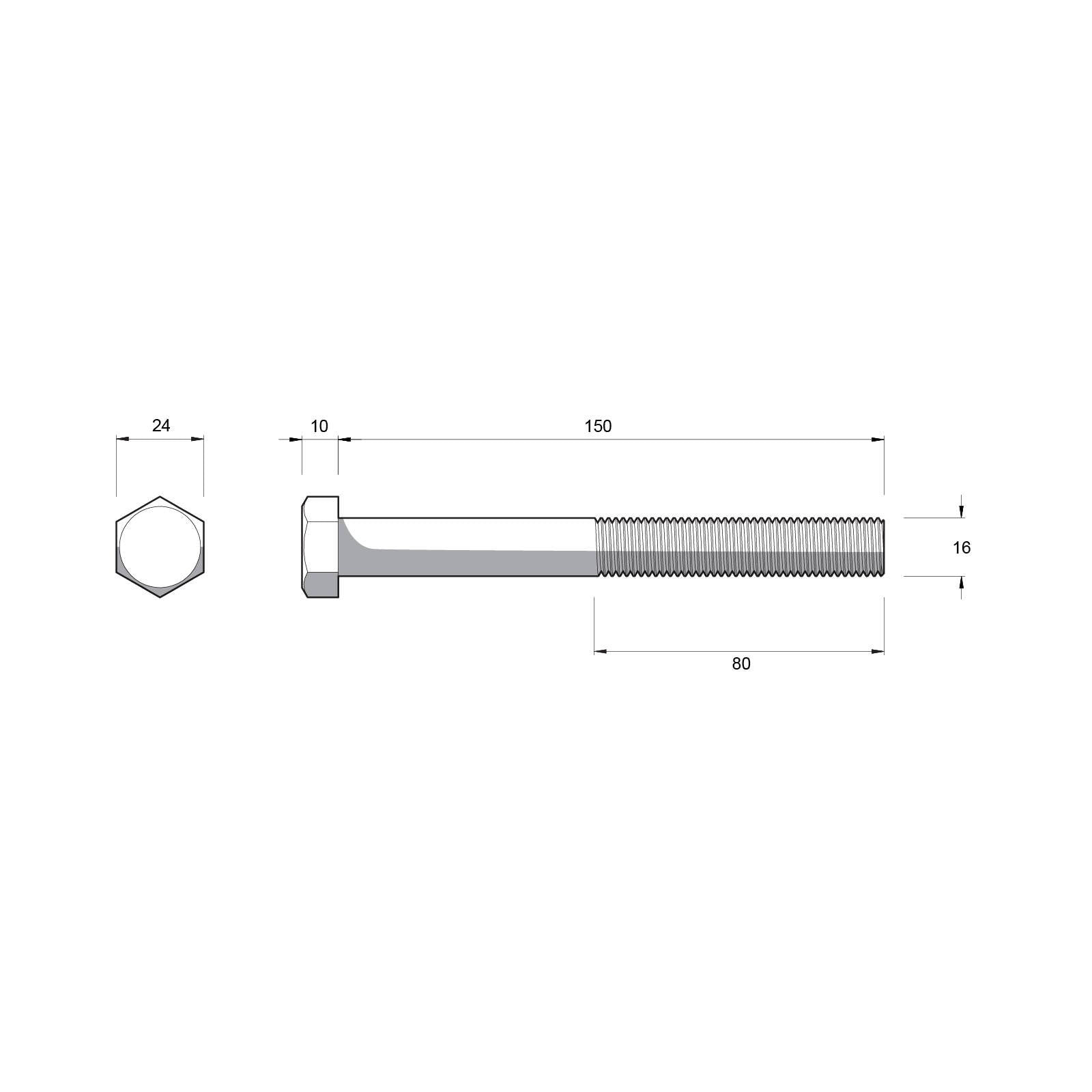 Zenith M16 x 150mm Hot Dip Galvanised Hex Head Bolt and Nut - 4.6 Grade Steel