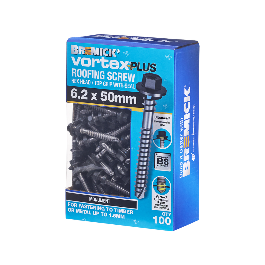 Bremick Vortex Plus Roofing Screw - 6.2 x 50mm - 100 Pack - Watertight - SuperSaverAU - view 1