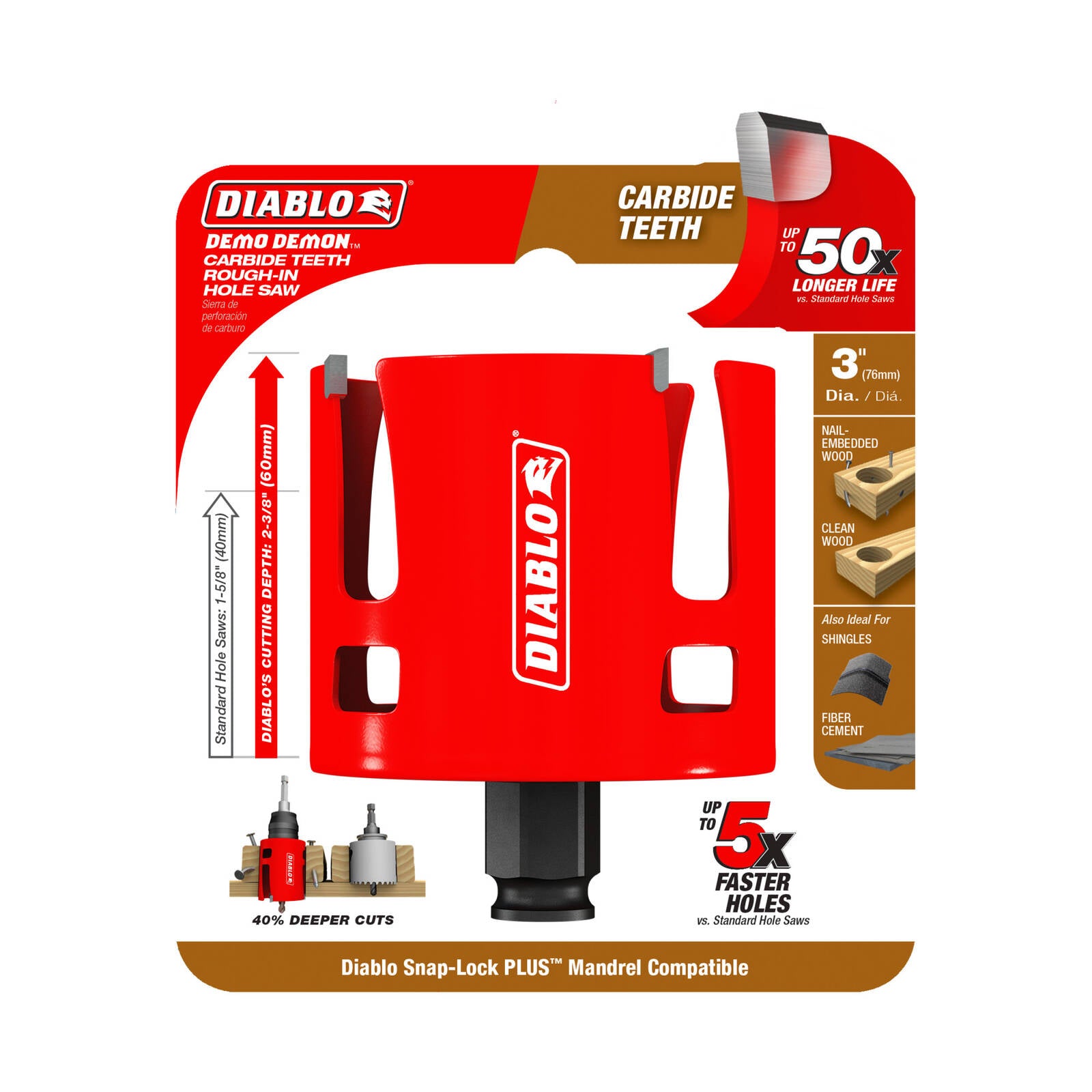 Diablo 3 inch Demo Demon Carbide Rough-In Hole Saw, 60mm Depth