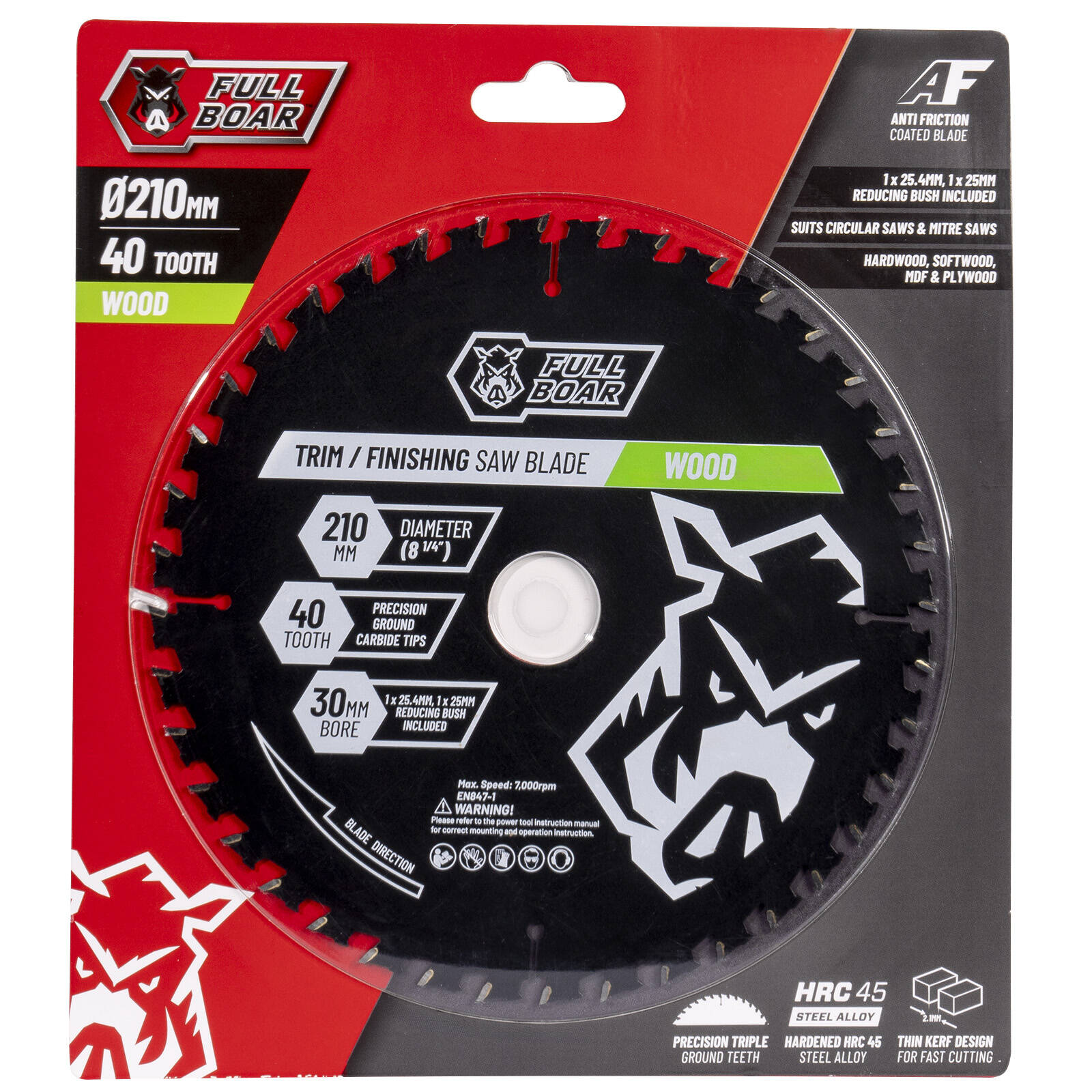 Full Boar 210mm 40T Wood Circular Saw Blade, 30mm Bore (25/25.4mm Bush)