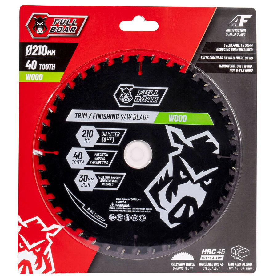 Full Boar 210mm 40T Wood Circular Saw Blade, 30mm Bore (25/25.4mm Bush)