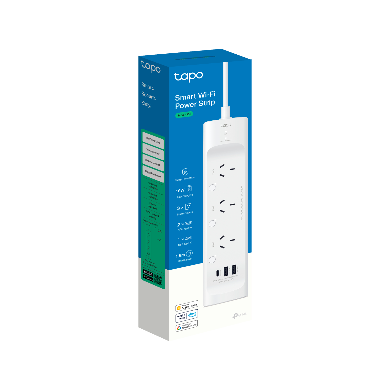 TP-Link Tapo 3-Outlet Smart Wi-Fi Power Strip with USB, White, 1.5m, TAPO-P300
