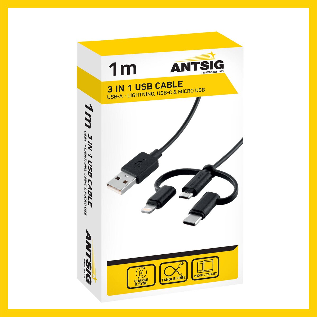 Antsig 1m 3 in 1 USB Cable - Versatile Charging - USB-A, Micro-USB, Lightning, USB-C - SuperSaverAU - view 3