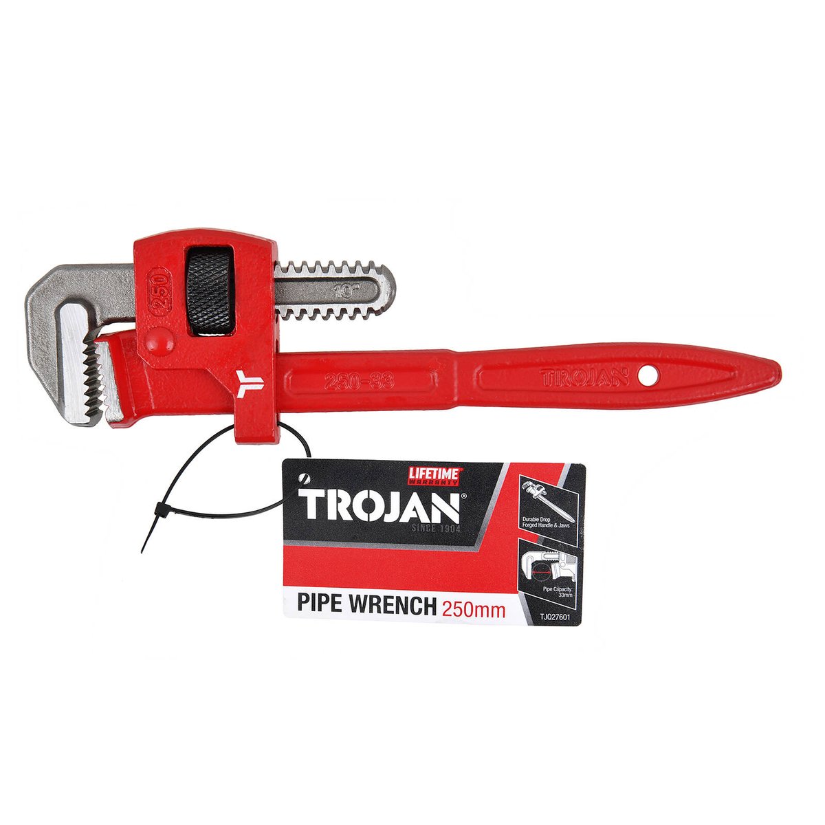 Trojan 250mm Pipe Wrench - Red and Silver - Durable Drop Forged Steel - SuperSaverAU - view 3