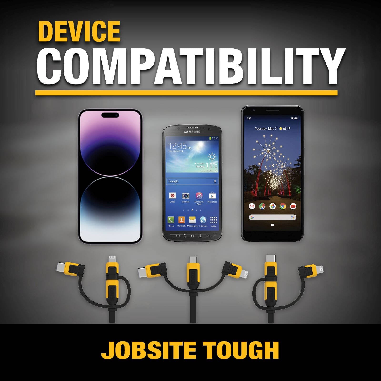 DeWALT 1.8m 3-in-1 Lightning, Type C & Micro-USB Kevlar Charging Cable