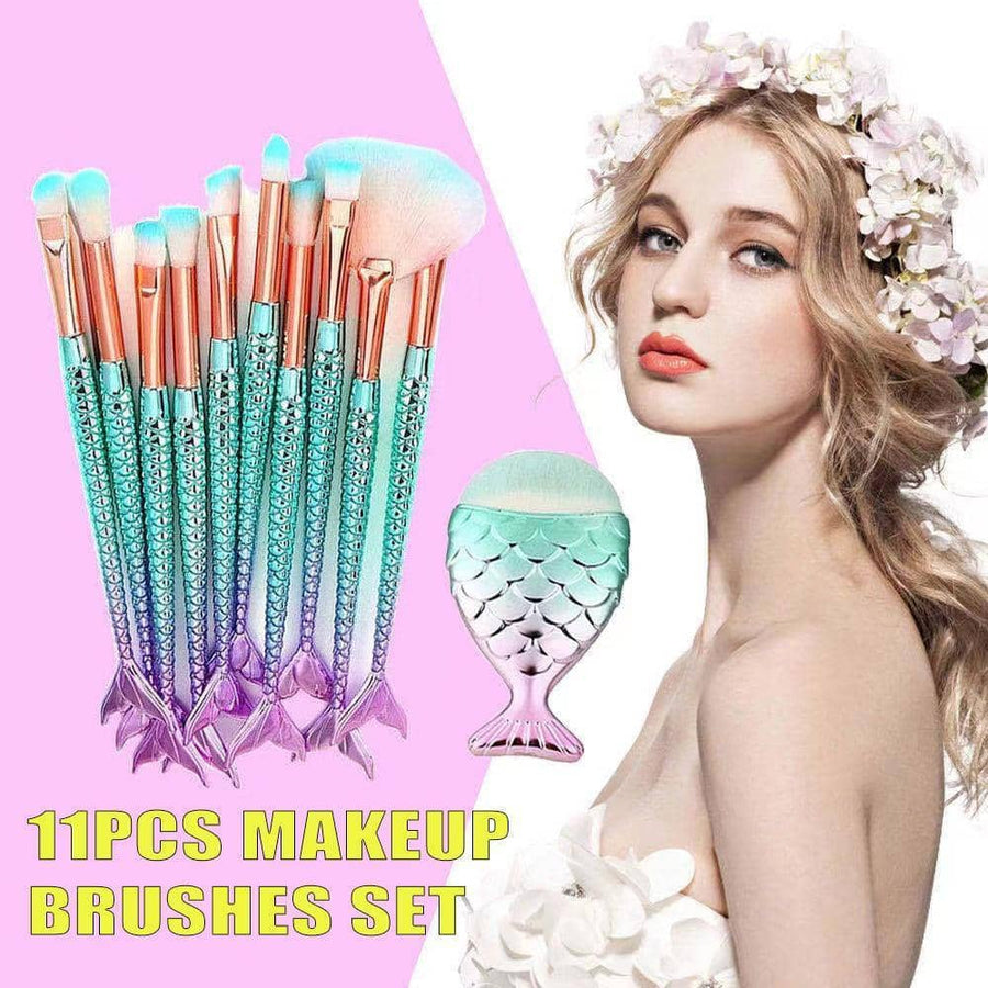 11 Piece Mermaid Makeup Brush Set - Multicolour Gradient