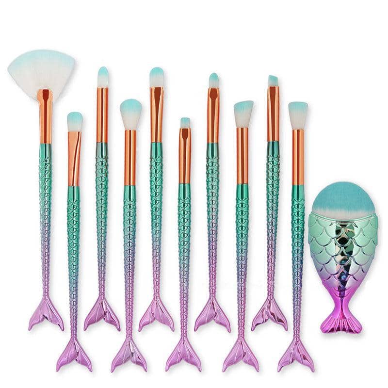 11 Piece Mermaid Makeup Brush Set - Multicolour Gradient - view 2