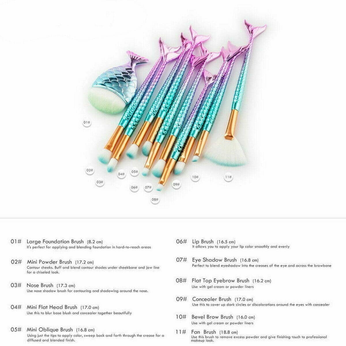 11 Piece Mermaid Makeup Brush Set - Multicolour Gradient - view 4