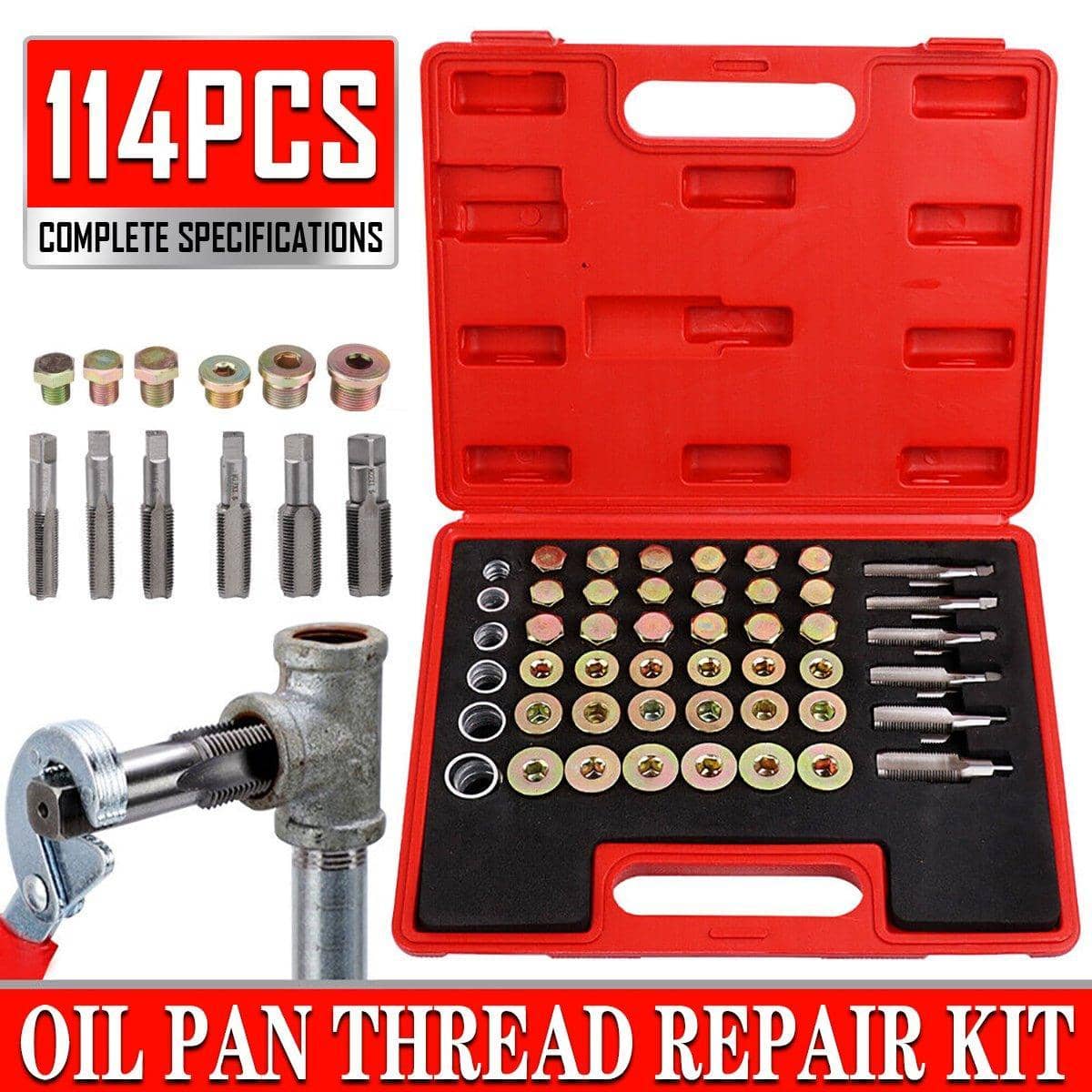 114 Piece Oil Drain Plug Thread Repair Kit, Sump and Gearbox, M13 to M22 Sizes