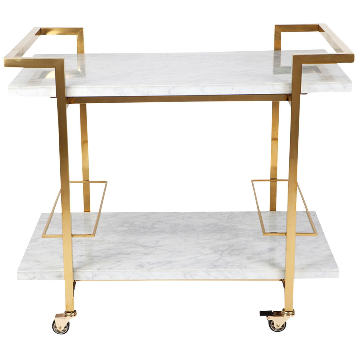 CAFE LIGHTING & LIVING Franklin White Marble Bar Cart Gold - Stainless Steel Frame, Inlaid Marble Shelves, Lockable Castors - SuperSaverAU - view 1