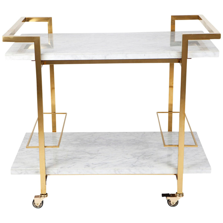CAFE LIGHTING & LIVING Franklin White Marble Bar Cart Gold - Stainless Steel Frame, Inlaid Marble Shelves, Lockable Castors - SuperSaverAU - view 1