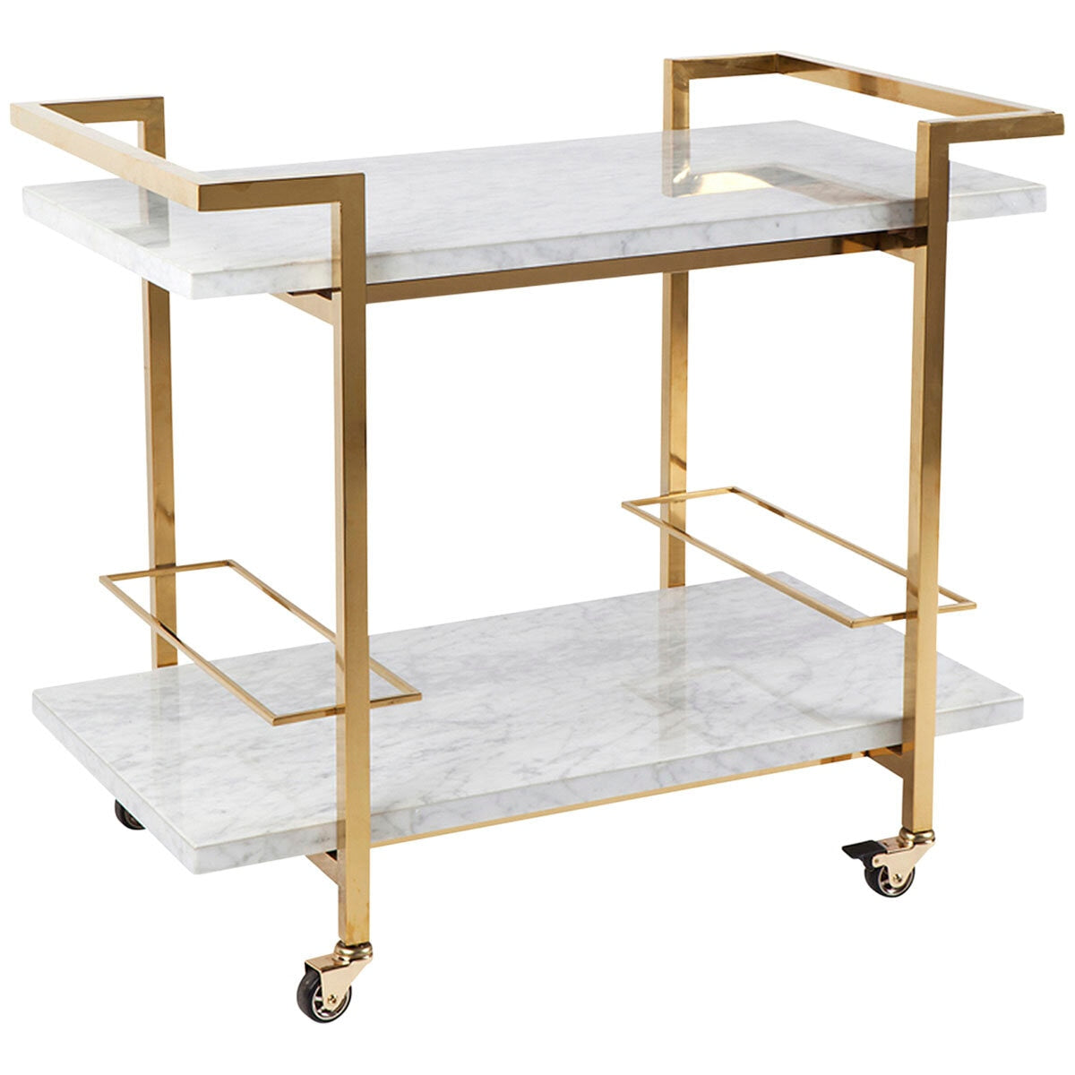 CAFE LIGHTING & LIVING Franklin White Marble Bar Cart Gold - Stainless Steel Frame, Inlaid Marble Shelves, Lockable Castors
