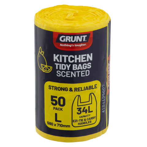 GRUNT 34L Lemon Scented Kitchen Tidy Bags, 50 Pack, HDPE with Handles