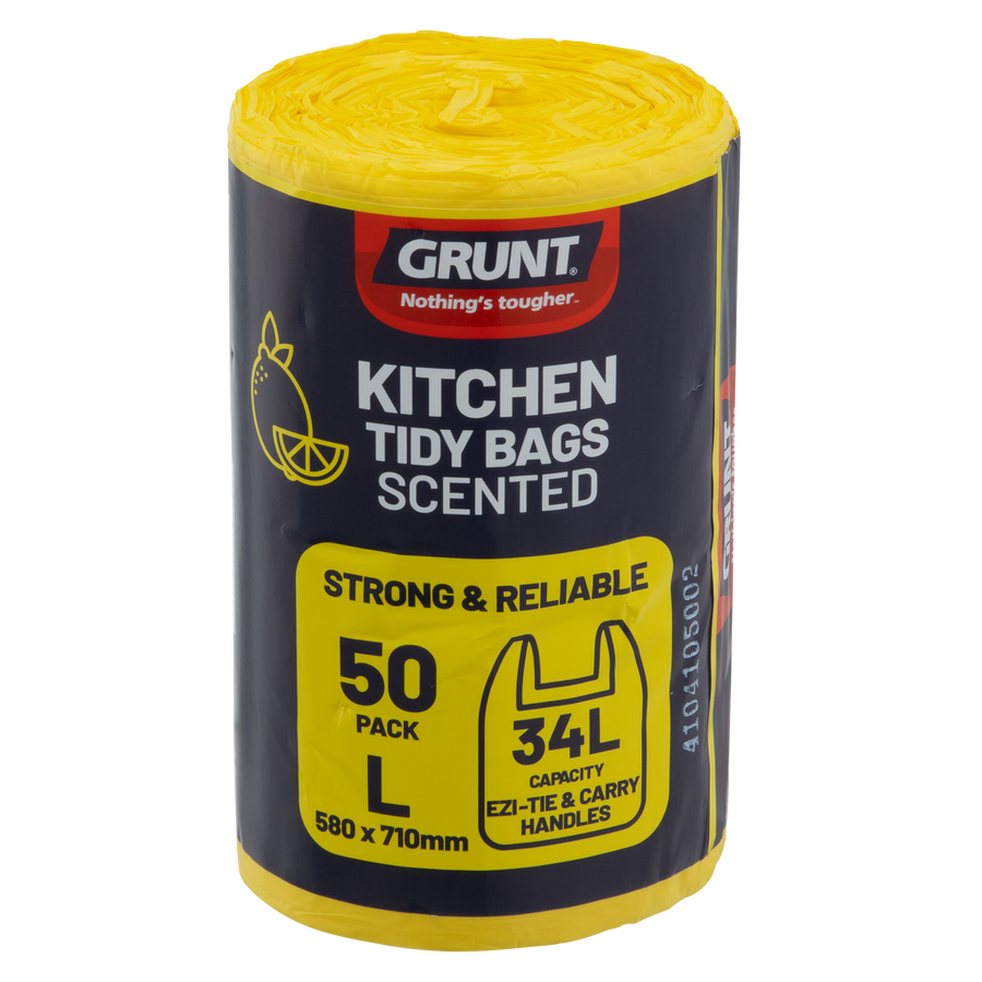 GRUNT 34L Lemon Scented Kitchen Tidy Bags, 50 Pack, HDPE with Handles