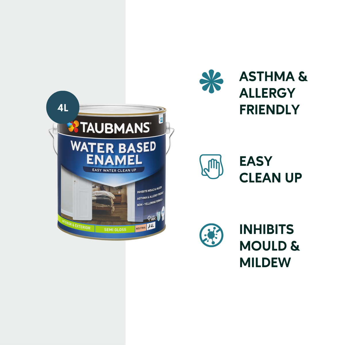 Taubmans 4L Neutral Semi Gloss Water Based Enamel Paint - 4L - Low VOC, Durable Finish - SuperSaverAU - view 2