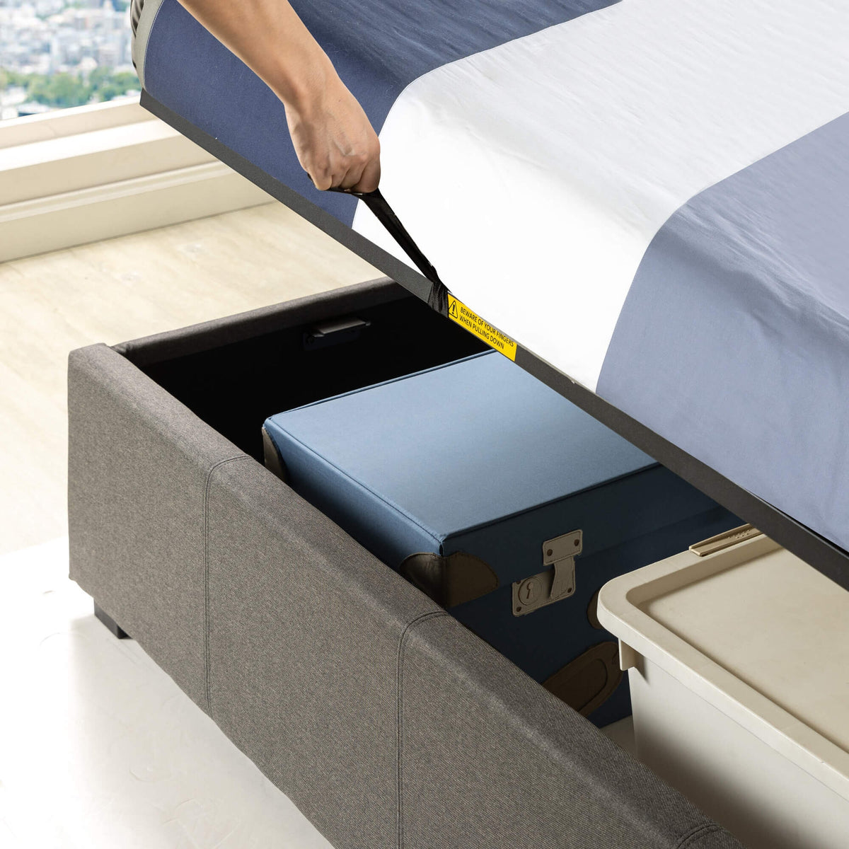 Zinus Maddon queen gas lift storage bed frame - dark grey upholstered, 317kg capacity - AU-FPPST2-12Q