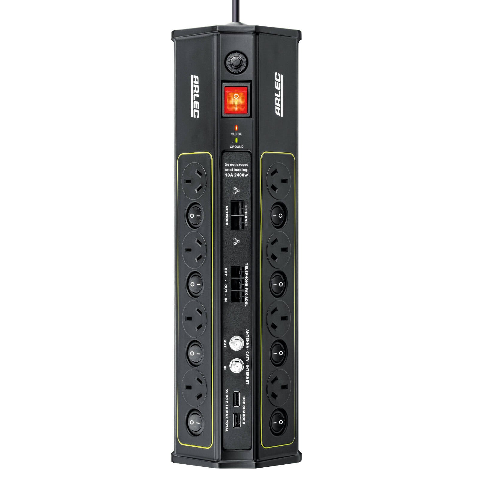 Arlec 8 Outlet Surge Protected Powerboard with USB, CAT6 and ADSL