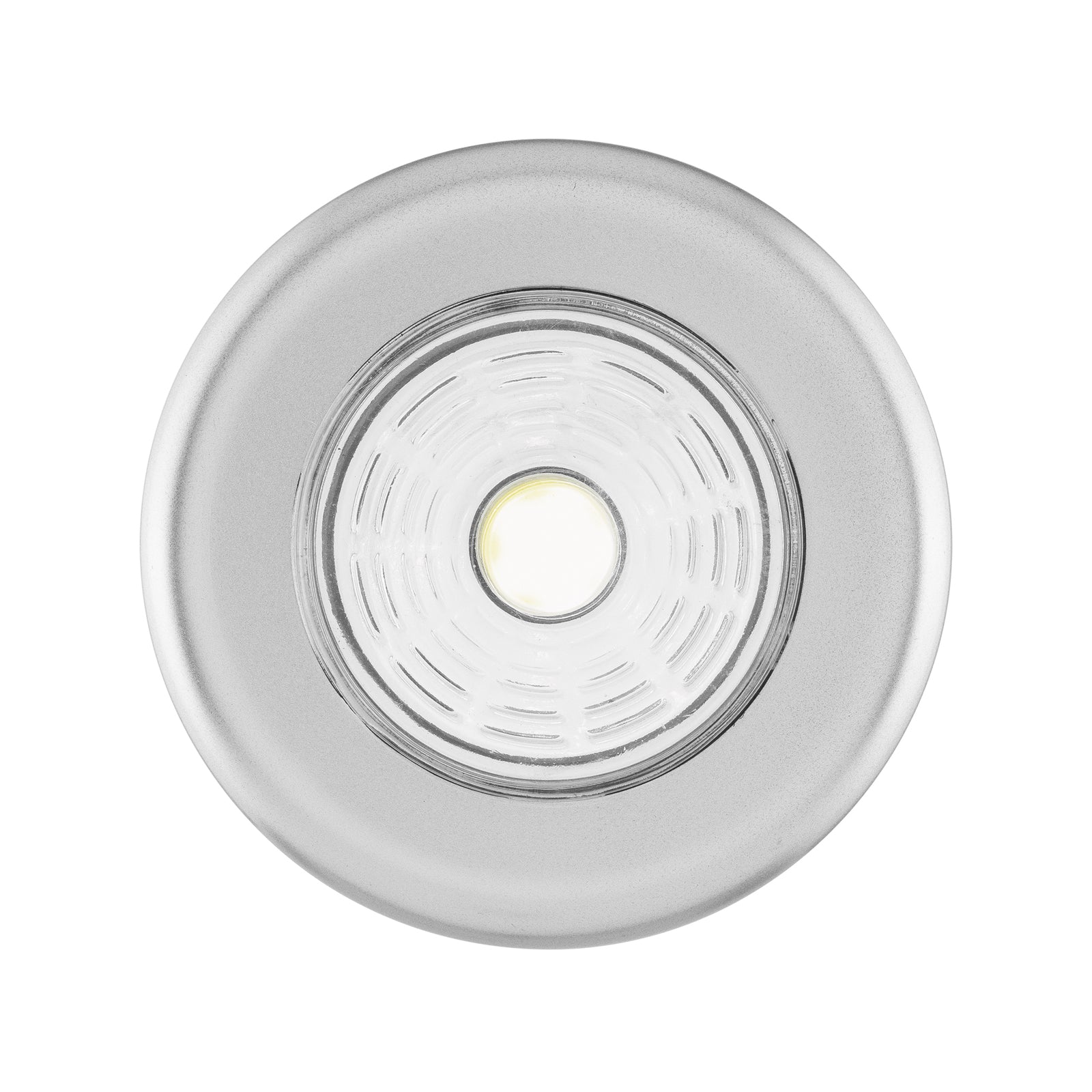 Click Silver LED Puck Lights 4 Pack, Cordless Push-On, Indoor, Self-Adhesive