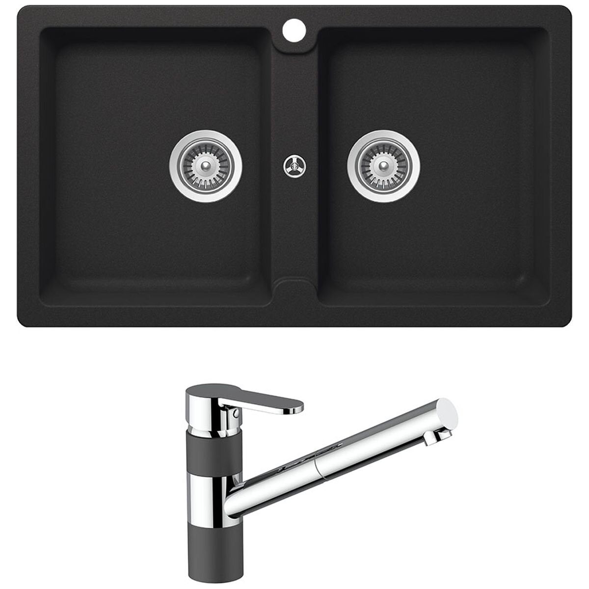 Abey Schock Typos double sink and ISA pull out mixer tap - Onyx black finish, 5 star WELS - TN200T2B
