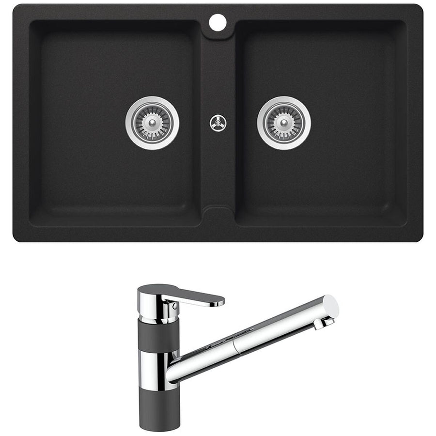 Abey Schock Typos double sink and ISA pull out mixer tap - Onyx black finish, 5 star WELS - TN200T2B