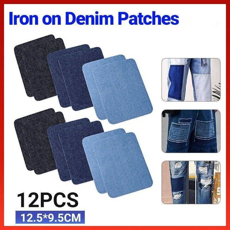 12 Iron-On Denim Repair Patches - Mixed Denim Shades
