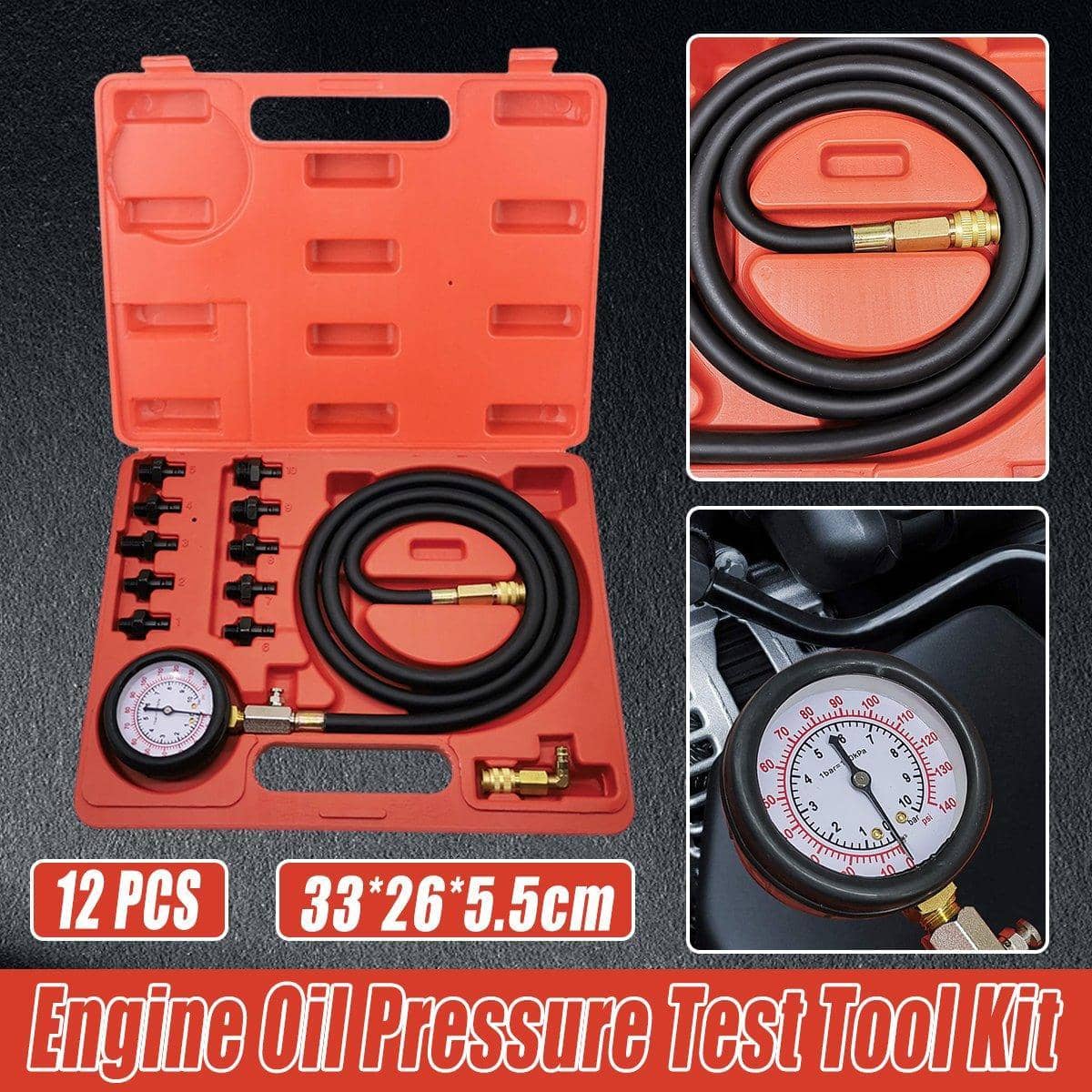 12 Piece Engine Oil Pressure Test Gauge Kit with Adaptors and Hose - Diagnostic Tool Set