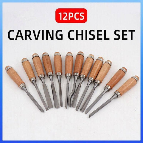 12 Piece Wood Carving Chisel Set with Hardwood Handles and Tool Roll
