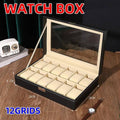 12 Slot Watch and Jewellery Display Box with Clear Lid - Black Faux Leather