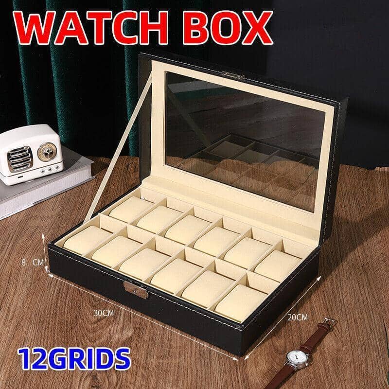 12 Slot Watch and Jewellery Display Box with Clear Lid - Black Faux Leather