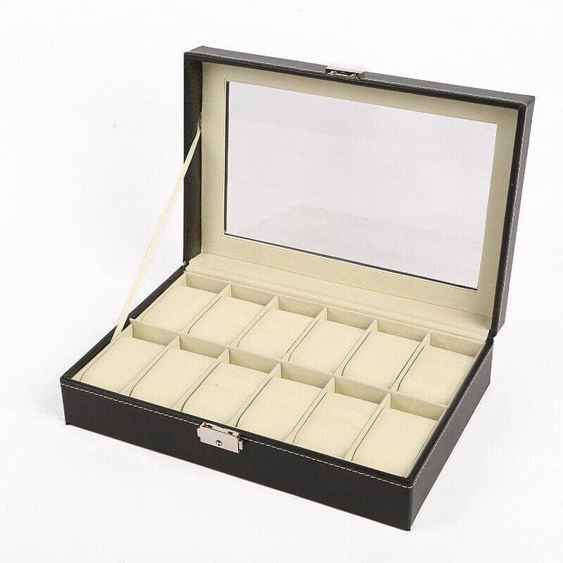 12 Slot Watch and Jewellery Display Box with Clear Lid - Black Faux Leather - view 2