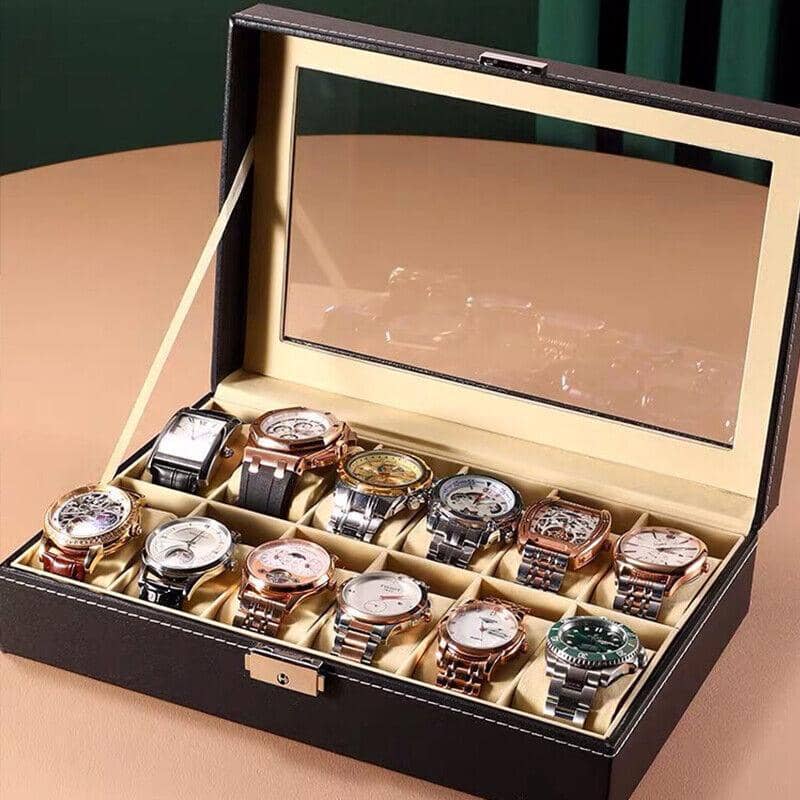 12 Slot Watch and Jewellery Display Box with Clear Lid - Black Faux Leather - view 3