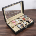 12 Slot Watch and Jewellery Display Box with Clear Lid - Black Faux Leather - view 4