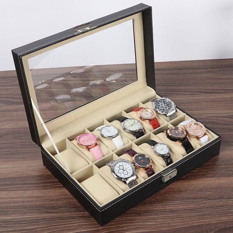 12 Slot Watch and Jewellery Display Box with Clear Lid - Black Faux Leather - view 4