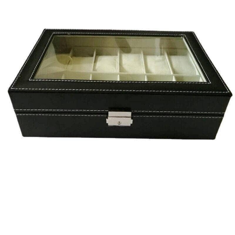 12 Slot Watch and Jewellery Display Box with Clear Lid - Black Faux Leather - view 5
