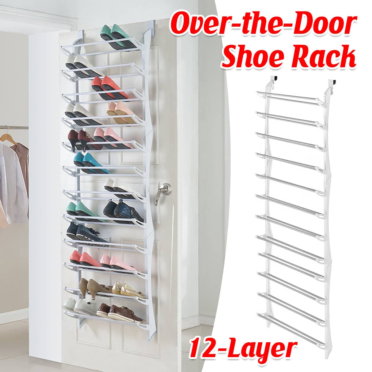 12-Tier Over-The-Door Shoe Rack Hanging Shoe Organiser for Dorms and Closets