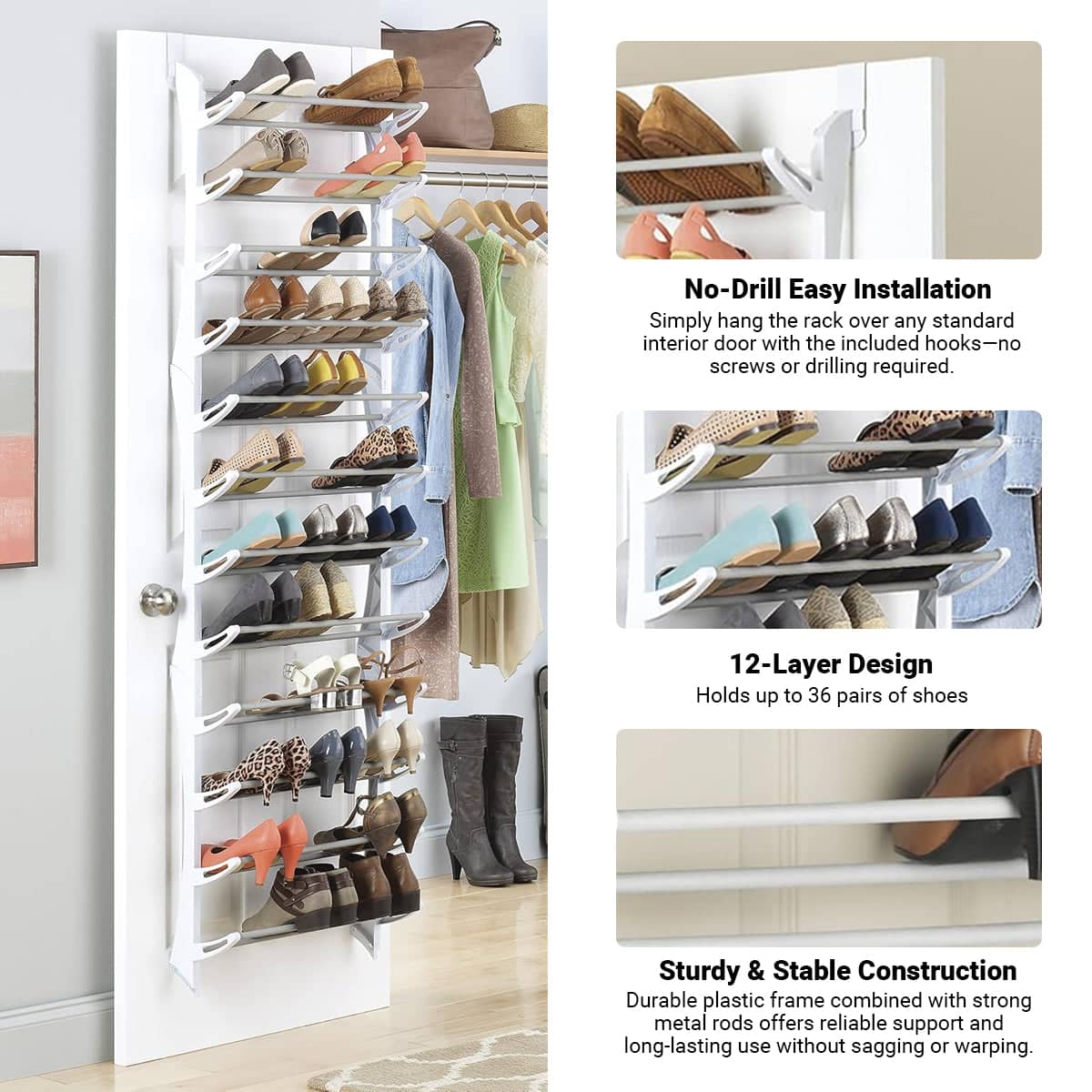 12-Tier Over-The-Door Shoe Rack Hanging Shoe Organiser for Dorms and Closets - view 4