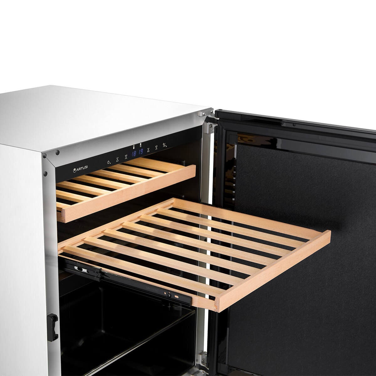 Artusi 127L dual zone outdoor beverage chiller - beech wood shelves, inverter compressor - AOFDZ127X