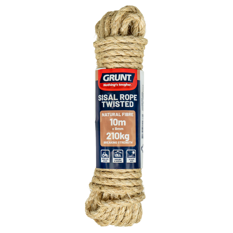 Grunt 8mm x 10m Sisal Twisted Rope, Natural Fibre, 210kg Break Strength, Weather Resistant