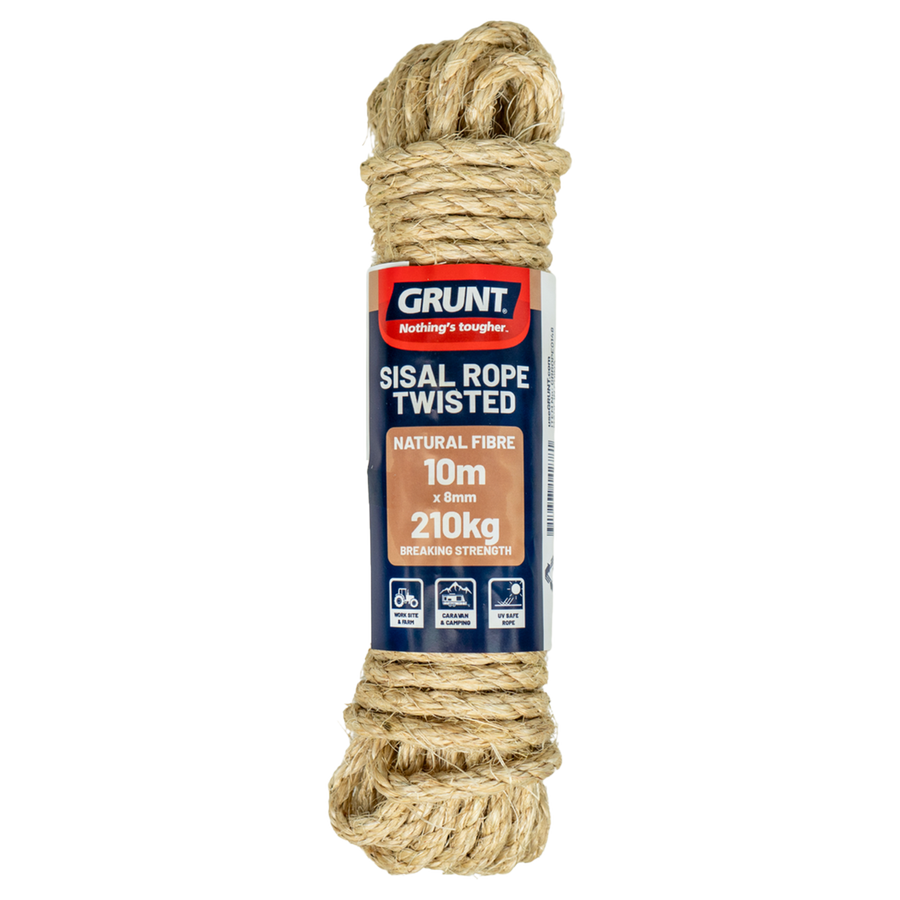 Grunt 8mm x 10m Sisal Twisted Rope, Natural Fibre, 210kg Break Strength, Weather Resistant