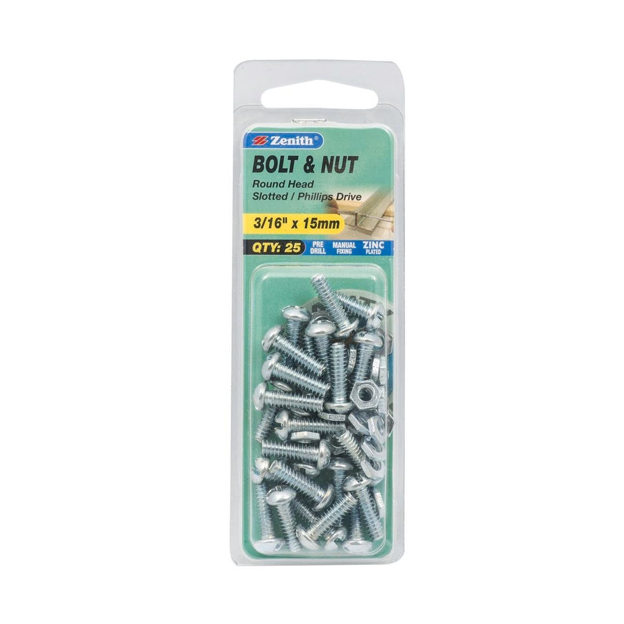 Zenith Round Head Bolt & Nut - 3/16 x 15mm - 25 Pack - Zinc Plated - SuperSaverAU - view 1