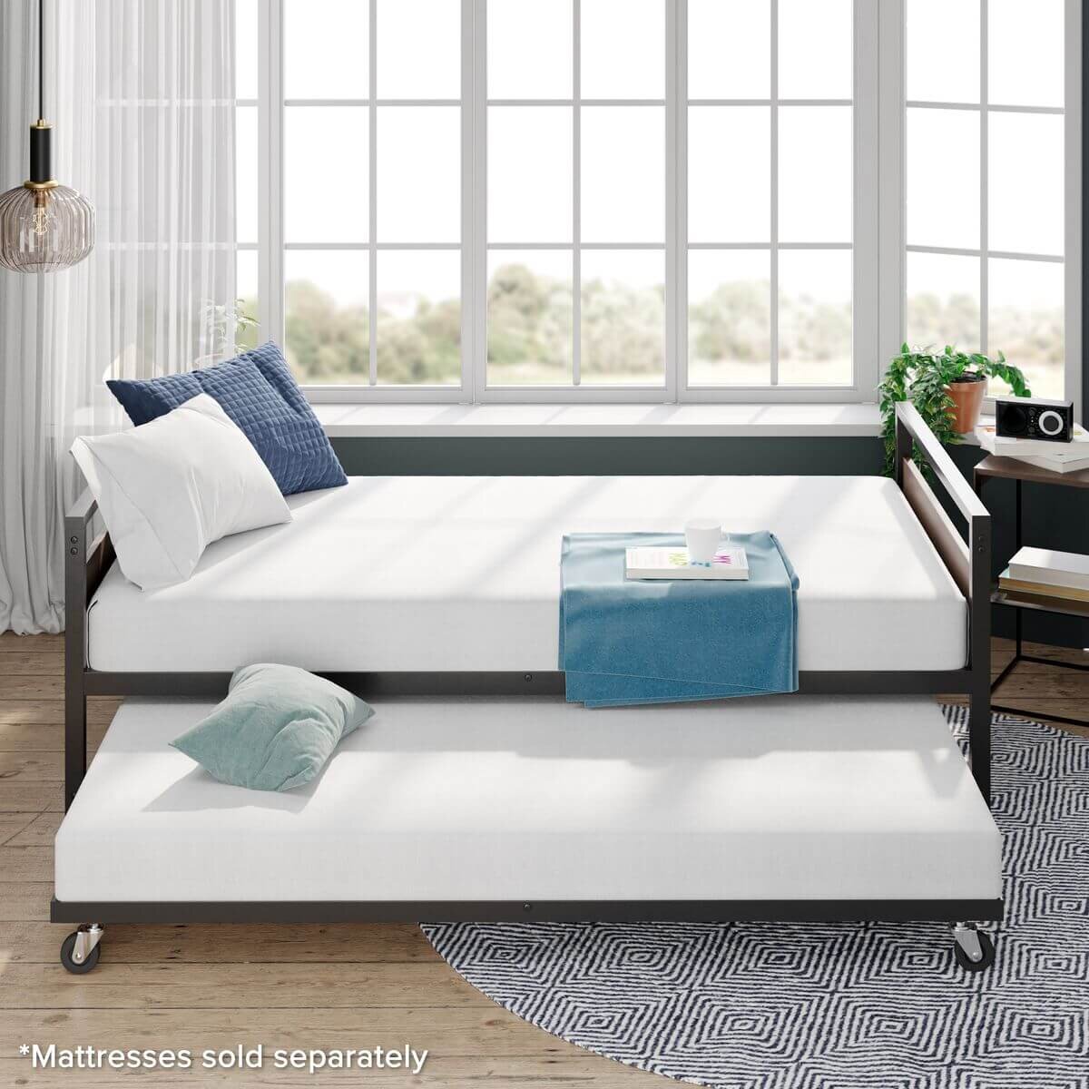 Zinus Ironline Single trundle bed frame set - black steel, daybed with hidden trundle - AU-IRDBS-39