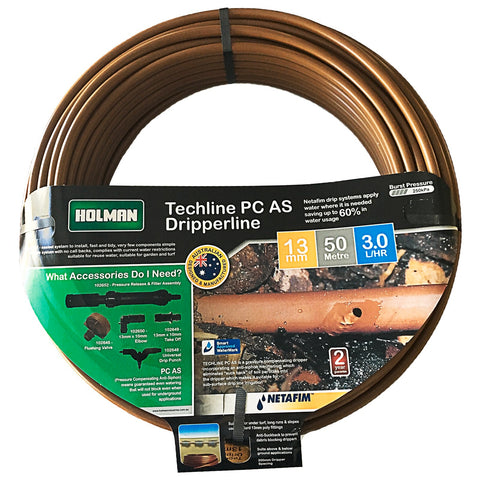 Holman 13mm Techline PC Drip Irrigation Tube 50m - UV & Kink Resistant Poly Line