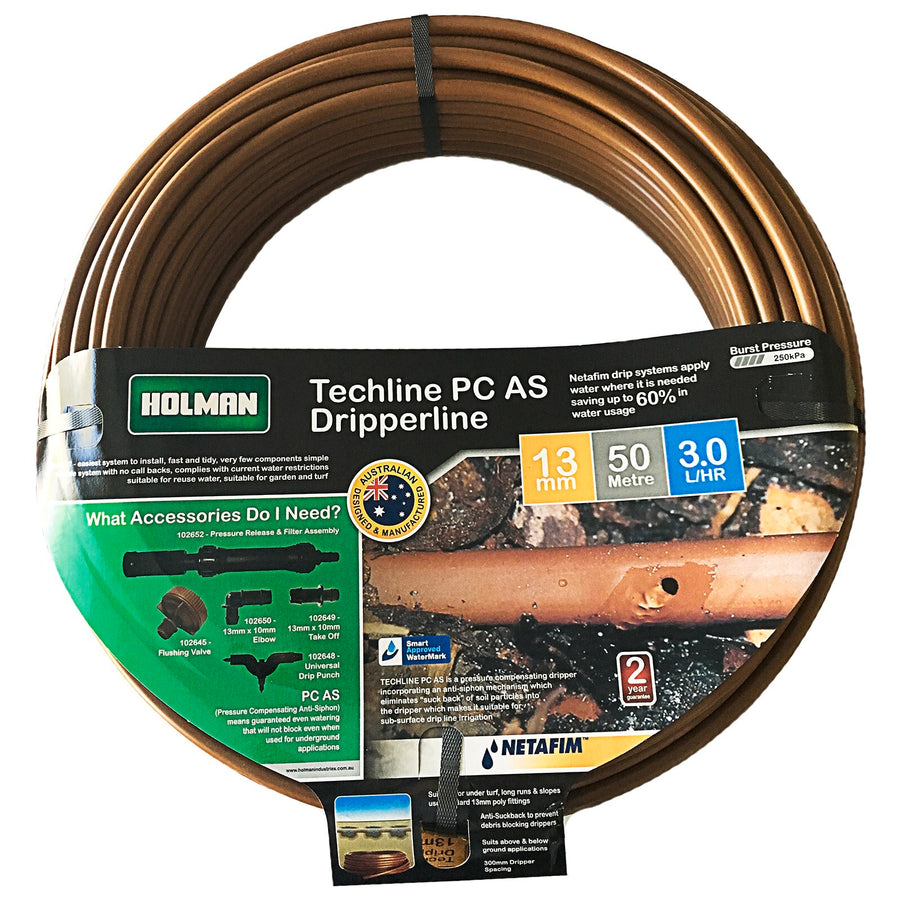 Holman 13mm Techline PC Drip Irrigation Tube 50m - UV & Kink Resistant Poly Line